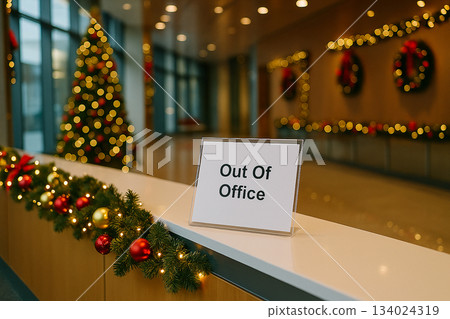 Out Of Office text serve as notification away from work. Christmas and Holiday season concept with beautiful Christmas decoration background. 134024319