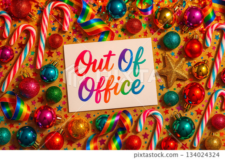 Out Of Office text serve as notification away from work. Christmas and Holiday season concept with beautiful Christmas decoration background. 134024324
