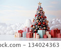 Christmas tree and present decoration with customizable space for text 134024363