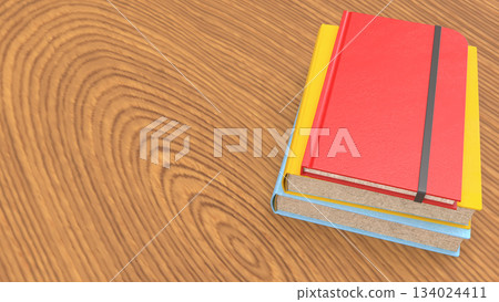 Colorful Stacked Hardcover Books on Wooden Table 3d render. Colorful Stacked Hardcover Books on Wooden Table 3d render. 134024411
