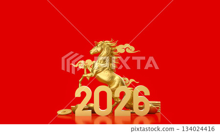 Golden Horse and 2026 Lunar New Year Prosperity Scene 3d render. Golden Horse and 2026 Lunar New Year Prosperity Scene 3d render. 134024416
