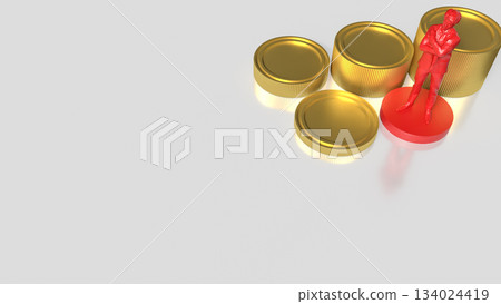 Red Business Figure Standing Among Stacked Gold Coins 3d render. Red Business Figure Standing Among Stacked Gold Coins 3d render. 134024419