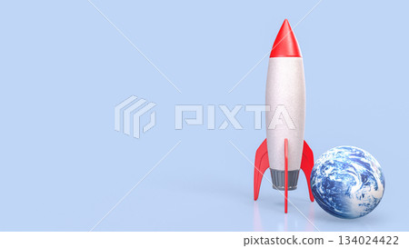 Colorful Rocket beside Earth Globe on Soft Blue Background 3d render. 134024422