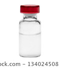 Simple glass vial with a metal cap filled with a clear liquid 134024508