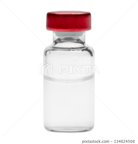 Simple glass vial with a metal cap filled with a clear liquid Simple glass vial with a metal cap filled with a clear liquid 134024508