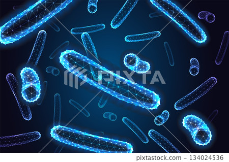 Digital glowing bacteria pattern with polygon mesh cells on dark blue background vector illustration Digital glowing bacteria pattern with polygon mesh cells on dark blue background vector illustration 134024536