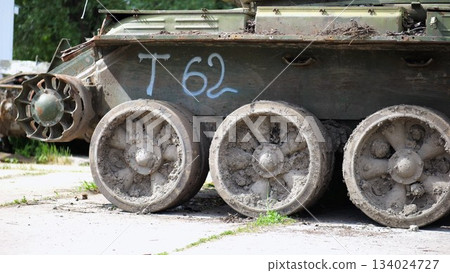 Rusty and burned-out armored vehicles on ukrainian territory. Exhibition of destroyed military equipment of the russian army. War between Ukraine and russia. Close up Slow motion 134024727