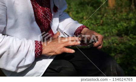 Hands of senior ukrainian man in vyshyvanka writing message on mobile phone at garden. Elder male wearing an embroidered shirt using smartphone outdoor. Connection between traditional and modern life 134024765