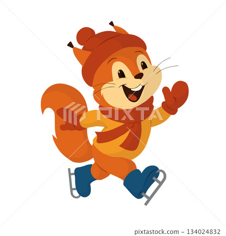 A cheerful squirrel on skates, wearing a winter hat, scarf, and mittens. Vector illustration in a bright, flat cartoon style. Ideal for children's projects, products, educational materials, seasonal A cheerful squirrel on skates, wearing a winter hat, scarf, and mittens. Vector illustration in a bright, flat cartoon style. Ideal for children's projects, products, educational materials, seasonal 134024832