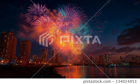 夜幕降臨，城市中心林立的摩天大樓和璀璨的煙火照亮了夜空。 134024853