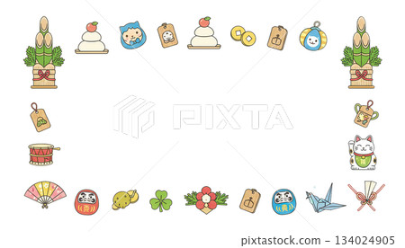 新年裝飾和幸運符相框材料；帶有祝福語空間的新年賀卡模板 134024905