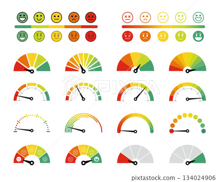 一套速度表。分數測量、評級、儀表、效能。不同的表情圖標 134024906