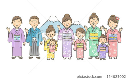一幅可愛的日本家庭插畫，一家人身著和服，背景是富士山。 134025002