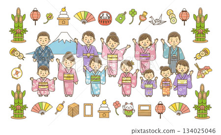 新年與家庭插畫_新年賀卡和日式設計_身著和服的人物和吉祥圖案 134025046