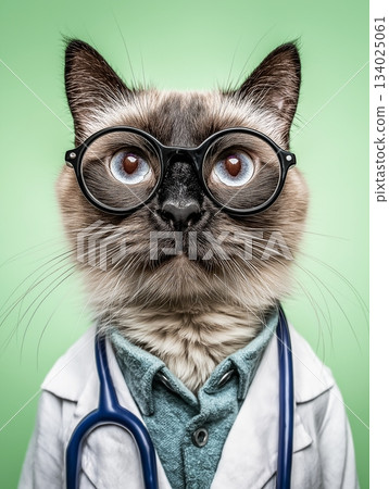 Cat doctor wearing round glasses in a clinic. Stethoscope and white coat emphasize a veterinary theme. 134025061