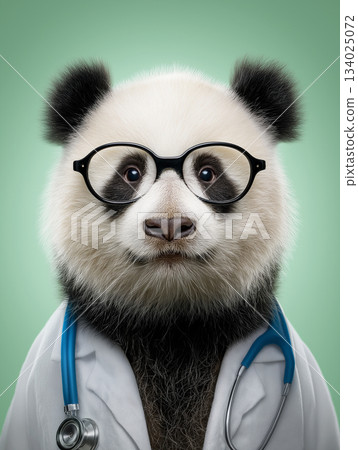 Panda wearing glasses poses in a studio. A white coat and stethoscope signal a veterinary doctor theme. Panda wearing glasses poses in a studio. A white coat and stethoscope signal a veterinary doctor theme. 134025072