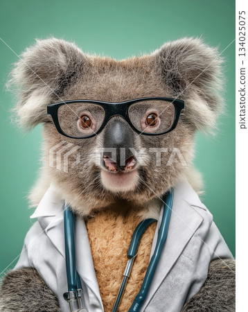 Koala doctor wearing glasses works in a clinic. Stethoscope and lab coat emphasize medical theme. Koala doctor wearing glasses works in a clinic. Stethoscope and lab coat emphasize medical theme. 134025075