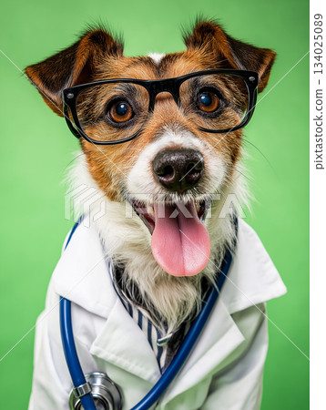 Dog wearing glasses in a lab coat at a veterinary clinic. The look is playful and professional. 134025089