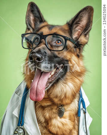 German Shepherd wearing glasses and a lab coat stands in a veterinary clinic. The dog smiles with a confident mood. 134025094