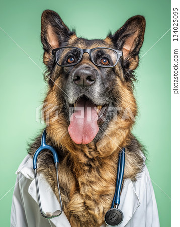 German Shepherd dog wearing glasses and a lab coat in a veterinary clinic. Bright playful portrait with a green backdrop. 134025095