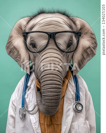 Elephant doctor wearing glasses stands in a clinic. Glasses, white coat, and stethoscope convey a playful medical vibe. Elephant doctor wearing glasses stands in a clinic. Glasses, white coat, and stethoscope convey a playful medical vibe. 134025103
