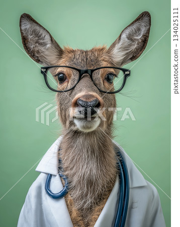 Deer wearing glasses and a lab coat stands in a studio with a green background. Glasses and stethoscope emphasize a veterinary medical theme. Deer wearing glasses and a lab coat stands in a studio with a green background. Glasses and stethoscope emphasize a veterinary medical theme. 134025111