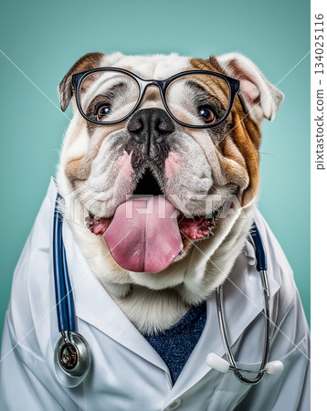 Bulldog wearing glasses stands in a studio. A white lab coat and stethoscope create a playful veterinary vibe. Bulldog wearing glasses stands in a studio. A white lab coat and stethoscope create a playful veterinary vibe. 134025116