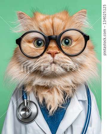 Cat wearing round glasses and a white lab coat in a studio poses. Stethoscope rests on the chest for a veterinary vibe. 134025125