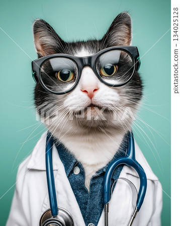 Cat doctor wearing glasses in a veterinary clinic. The cat wears a stethoscope and coat for veterinary care. Cat doctor wearing glasses in a veterinary clinic. The cat wears a stethoscope and coat for veterinary care. 134025128