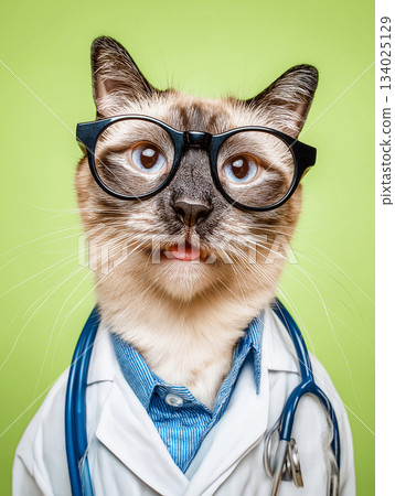Cat wearing glasses in a lab coat at the clinic. A stethoscope and blue shirt complete the medical look. Cat wearing glasses in a lab coat at the clinic. A stethoscope and blue shirt complete the medical look. 134025129