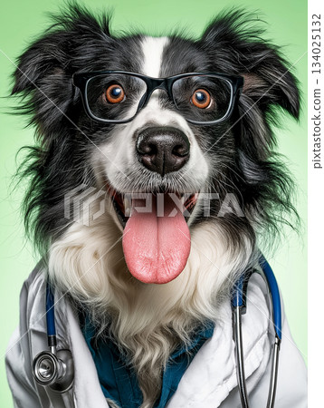 Border collie wearing glasses stands in a veterinary clinic. The dog wears a white coat and stethoscope. Border collie wearing glasses stands in a veterinary clinic. The dog wears a white coat and stethoscope. 134025132