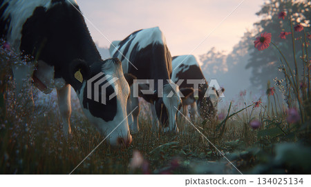 Holstein cows graze in a sunlit pasture. Dawn light casts a glow over flowers and cattle. Holstein cows graze in a sunlit pasture. Dawn light casts a glow over flowers and cattle. 134025134