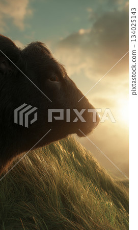 Cow gazes over a grassy hillside at sunset. Sunset light bathes the grazing cow. Cow gazes over a grassy hillside at sunset. Sunset light bathes the grazing cow. 134025143