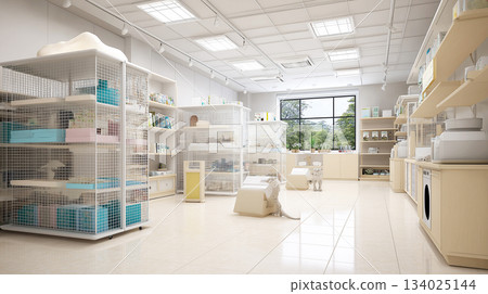 Two white dogs explore a pet store. Daylight fills the space. 134025144