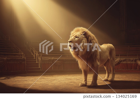 Lion stands in a circus arena under a bright spotlight. The warm spotlight and red velvet drapes emphasize a dramatic circus moment. 134025169