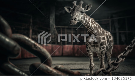 Giraffe stands in a dimly lit zoo enclosure. Chains loom in the foreground. Giraffe stands in a dimly lit zoo enclosure. Chains loom in the foreground. 134025175