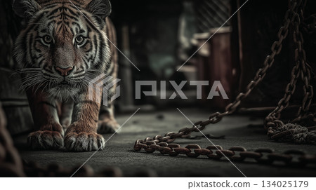Tiger walks toward the camera in a dark enclosure. Rusty chains lie on the ground creating a tense mood. Tiger walks toward the camera in a dark enclosure. Rusty chains lie on the ground creating a tense mood. 134025179