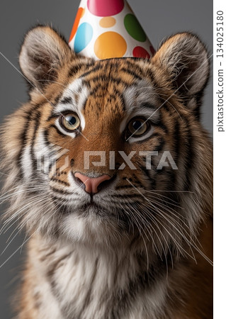 Tiger wearing colorful party hat in studio. Bright lighting with gray background creates a playful mood. 134025180