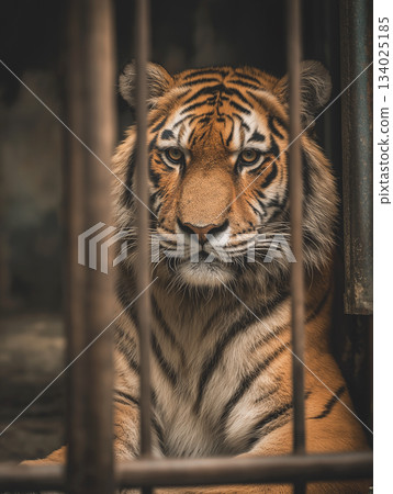 Tiger peers through bars in a zoo enclosure. The tiger gazes calmly at the viewer in a dim cage. 134025185