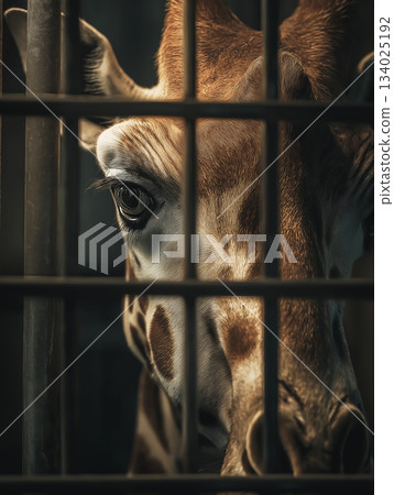 Giraffe peering through bars in a zoo enclosure. Warm lighting highlights the gaze through the bars. Giraffe peering through bars in a zoo enclosure. Warm lighting highlights the gaze through the bars. 134025192