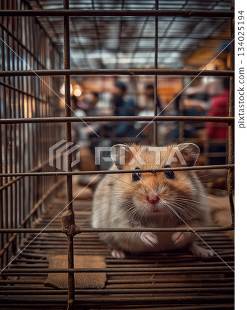 Hamster peering through bars in a cage at market stall. Shoppers bustle in the background. 134025194