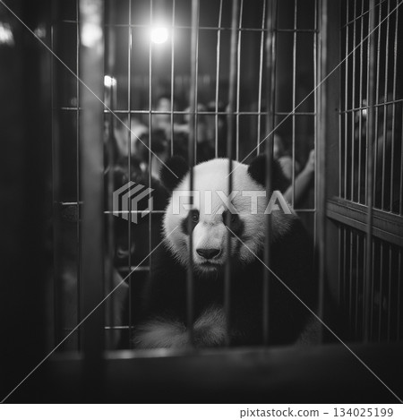 Panda in cage at the zoo. People visible in the background observe the panda. Panda in cage at the zoo. People visible in the background observe the panda. 134025199