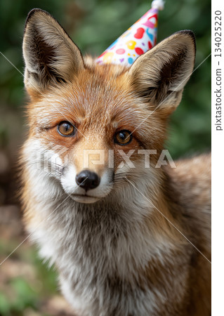 Red fox wearing a birthday party hat in the forest. Colorful party hat adds a festive mood. Red fox wearing a birthday party hat in the forest. Colorful party hat adds a festive mood. 134025220