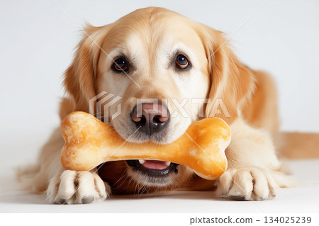 Golden retriever chews bone against white background. Bright studio lighting highlights dog face. 134025239