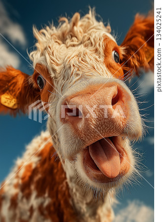 Curious cow on a farm with tongue out in a close-up. Bright blue sky serves as a vivid backdrop. 134025241