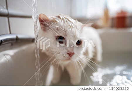 White cat under running water in the kitchen sink. Water flows from the faucet as the cat watches. White cat under running water in the kitchen sink. Water flows from the faucet as the cat watches. 134025252