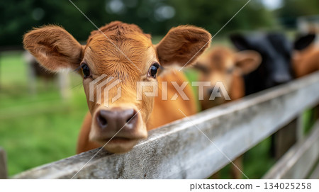 Curious cows lean toward a wooden fence in a green farm pasture. A close up view captures their almond eyes and moist noses. Curious cows lean toward a wooden fence in a green farm pasture. A close up view captures their almond eyes and moist noses. 134025258