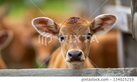 Calf peers over a wooden fence in a barnyard. Soft warm light highlights the calf's face. 134025259
