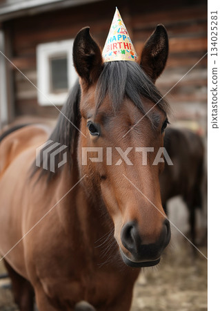 Horse wearing a birthday hat in a barn. Birthday party hat signals celebration. Horse wearing a birthday hat in a barn. Birthday party hat signals celebration. 134025281