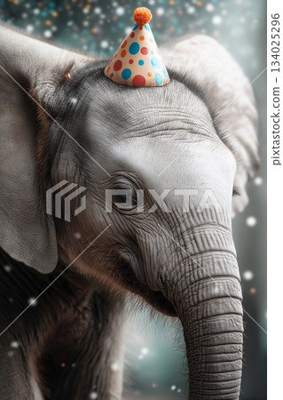 Elephant wearing a party hat on blue background. A festive moment with colorful lights and celebration. Elephant wearing a party hat on blue background. A festive moment with colorful lights and celebration. 134025296